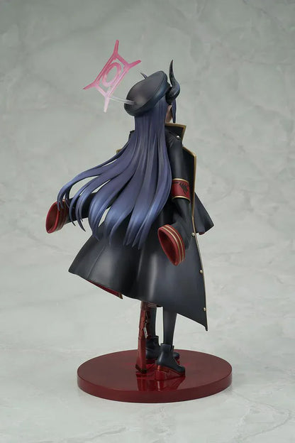 Blue Archive Chiaki 1/7 scale figure wearing dark uniform with long coat holding camera and rifle accessory.