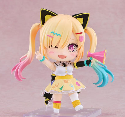 BanG Dream Nendoroid Arale Nakamachi Figure with blonde twin-tails, cat-ear accessories, colorful outfit, megaphone accessory, and chibi display base