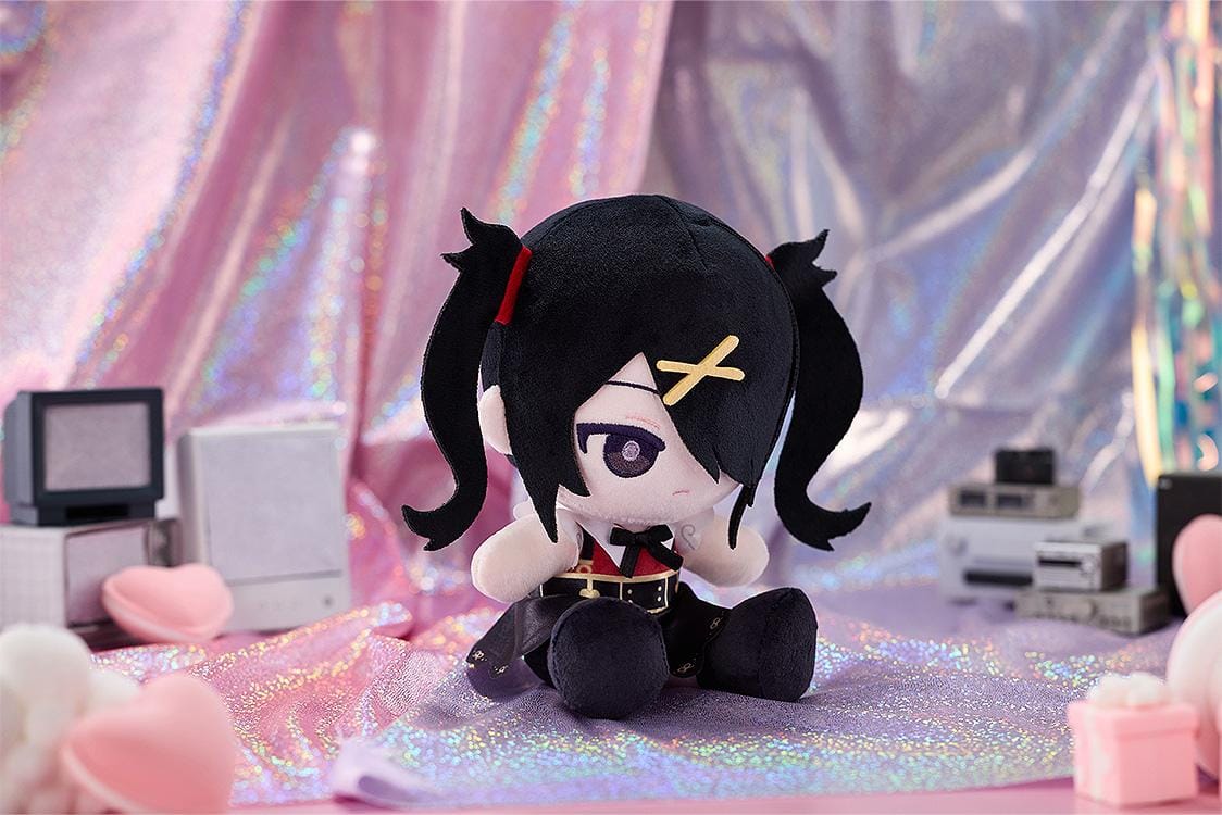 NEEDY GIRL OVERDOSE Ame-chan Punipuni plushie with black twin-tails, yellow hair clips, an embroidered purple eye, and a red and black outfit.
