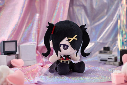 NEEDY GIRL OVERDOSE Ame-chan Punipuni plushie with black twin-tails, yellow hair clips, an embroidered purple eye, and a red and black outfit.
