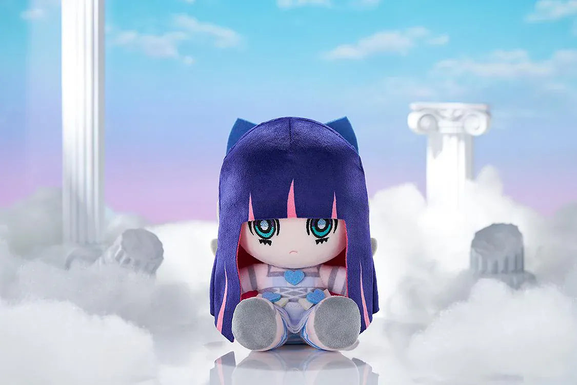 New PANTY & STOCKING with GARTERBELT Stocking Punipuni Plushie with purple hair, blue eyes, heart details, and seated chibi plush design