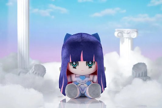 New PANTY & STOCKING with GARTERBELT Stocking Punipuni Plushie with purple hair, blue eyes, heart details, and seated chibi plush design