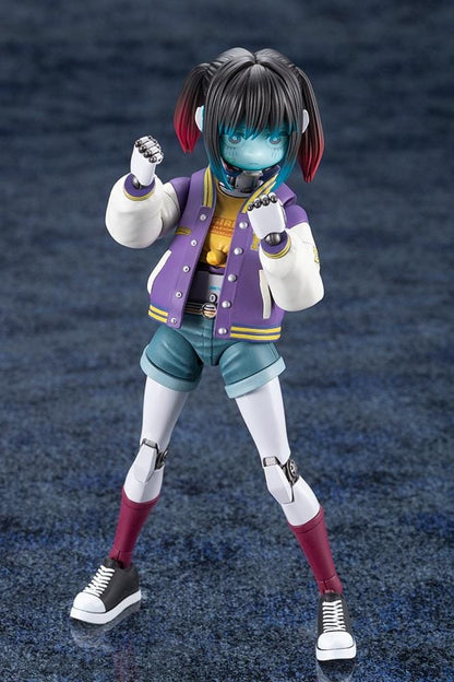 Milky Subway The Galactic Limited Express Makina Model Kit Figure featuring a robotic anime girl with black twin-tail hair, a blue-tinted face, a purple varsity jacket with white sleeves, denim shorts, mechanical arms and legs, burgundy socks, and black-and-white sneakers.