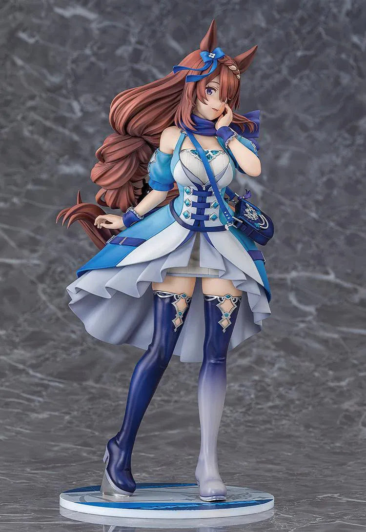 Umamusume Cinderella Gray Super Creek figure with flowing brown hair, a blue and white outfit, shoulder bag, and tall boots, posed with a hand against her cheek.