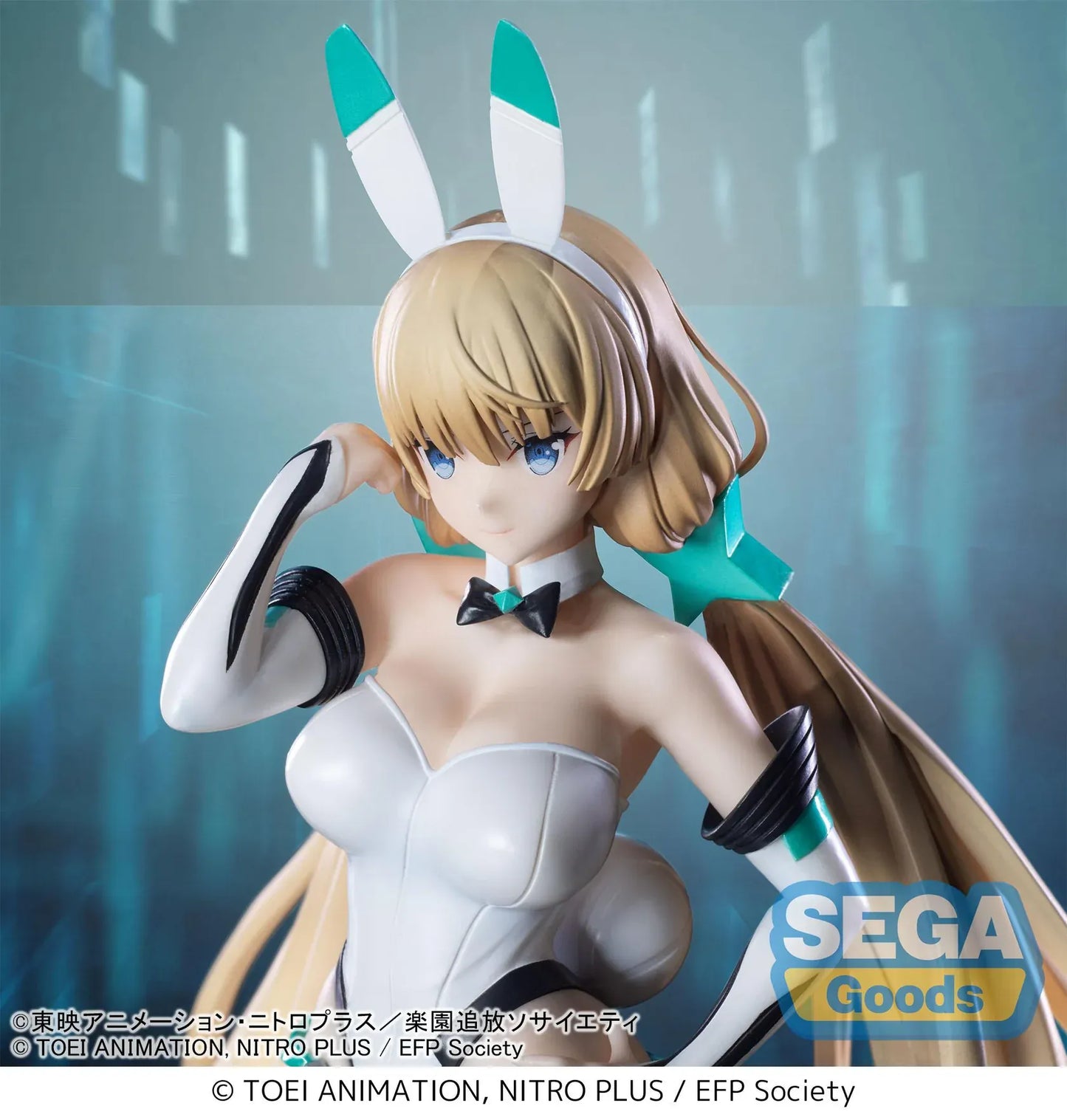 Expelled from Paradise Angela Balzac Cyber Bunny Figure by SEGA Goods featuring Angela in a white futuristic bunny suit with teal accents.