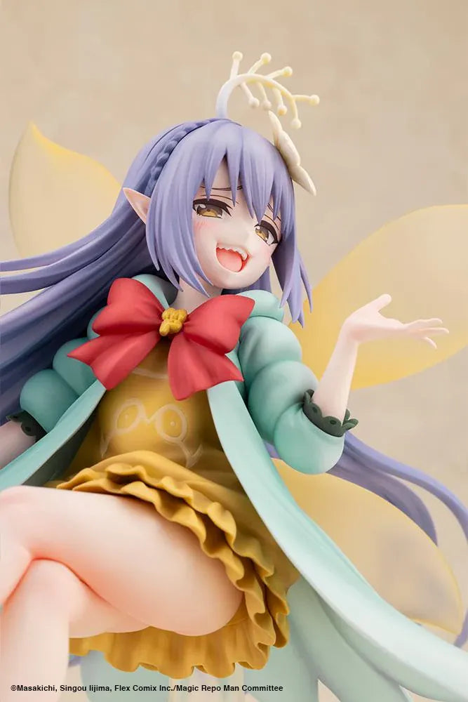 Magic Repo Man Empee 1/1 Scale Figure featuring a cheerful lavender-haired fairy with golden wings, a yellow dress, mint-green jacket, red bow, and matching shoes in a playful floating pose.