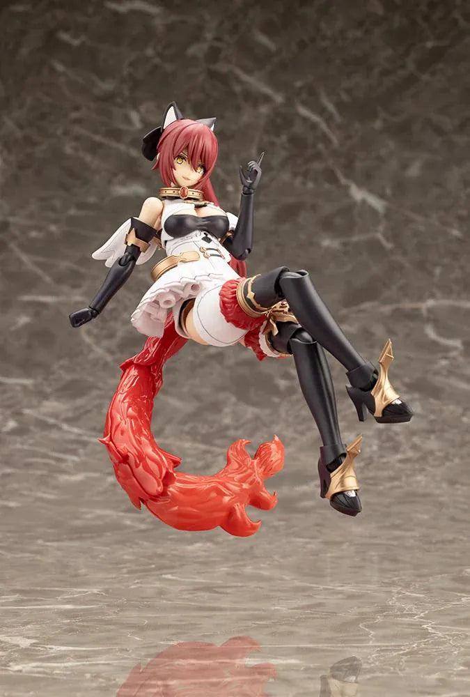 Assembled Arcanadea Charmed model kit with red hair, animal ears, a white and black outfit, gold armor accents, and a sweeping flame-like red tail.