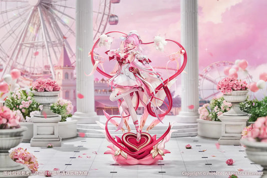 Honkai Impact 3rd Elysia Hi Love Elf Ver. 1/7 Scale Figure Bonus Edition featuring Elysia in a pink-and-white outfit with heart-themed base, ribbon effects, and musical accessories.