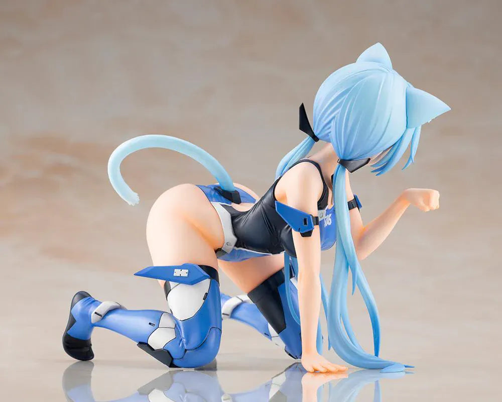 Frame Arms Girl Stylet Swimsuit Ver. Figure featuring Stylet with long light blue hair, cat ear details, blue-and-black swimsuit outfit, mechanical accessory parts, and display pose.