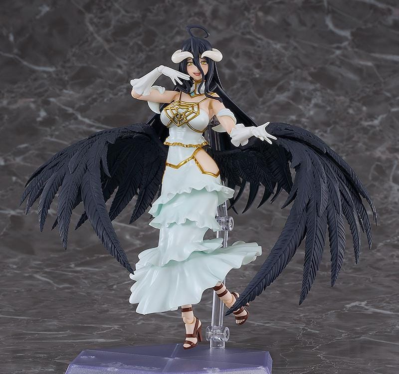 Overlord The Holy Kingdom figma Albedo Figure wearing her white and gold dress with large black feathered wings and signature horns