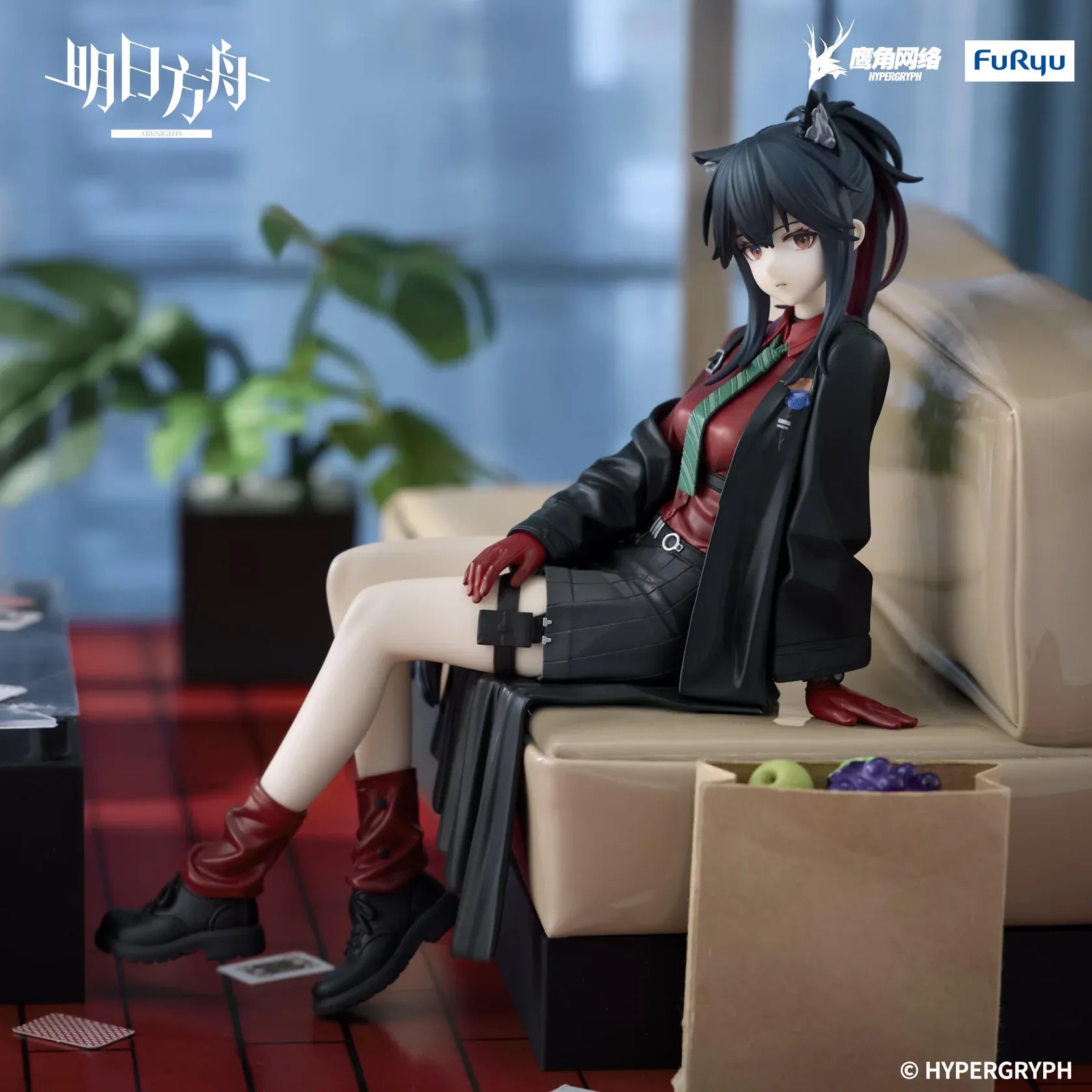 Arknights Texas Will Ver Noodle Stopper Figure featuring Texas seated in a red shirt, green tie, black skirt, oversized jacket, and red boots