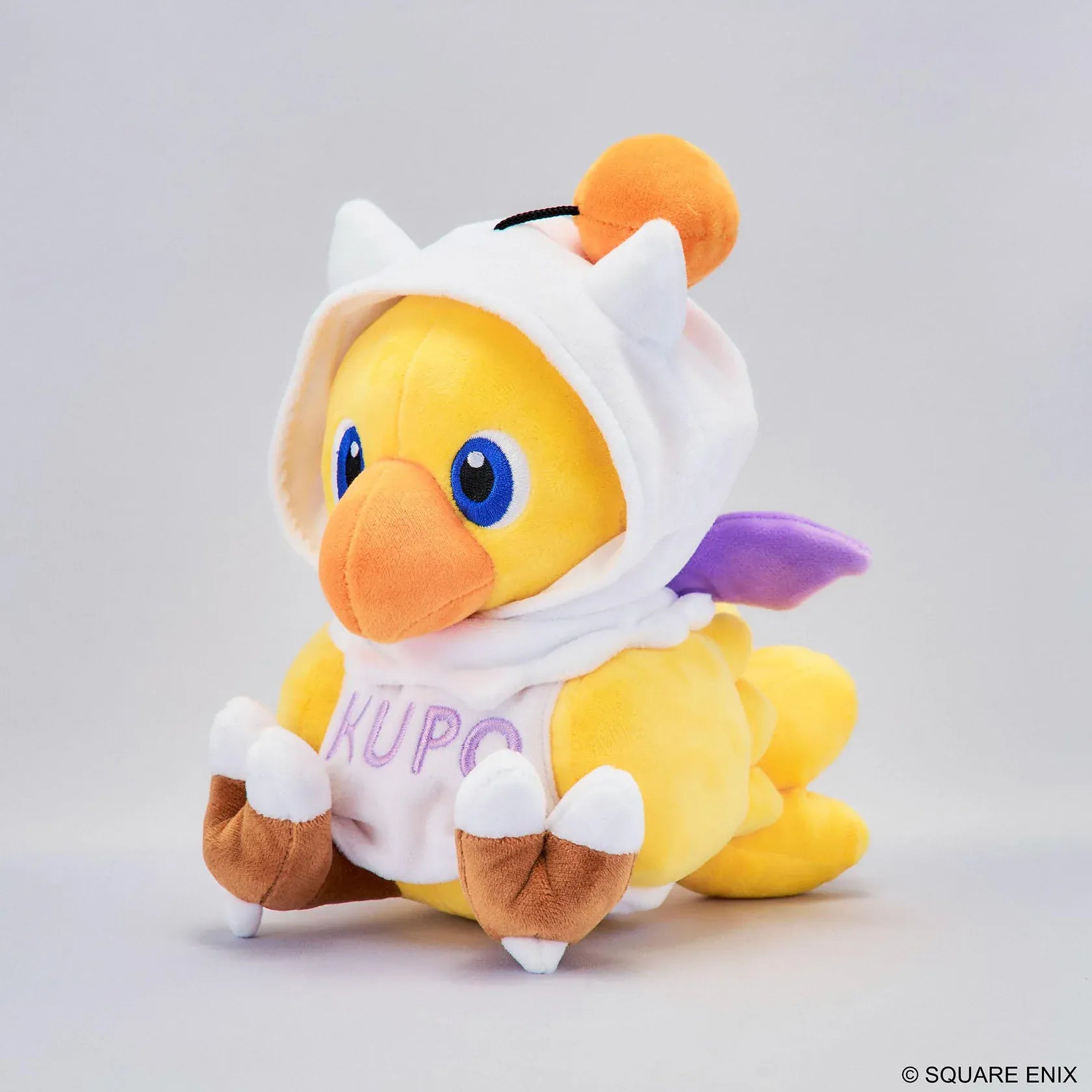 Final Fantasy Chocobo Moogle Hoodie Ver. Plush with yellow Chocobo, white Moogle hoodie, KUPO lettering, pom-pom detail, and seated plush design