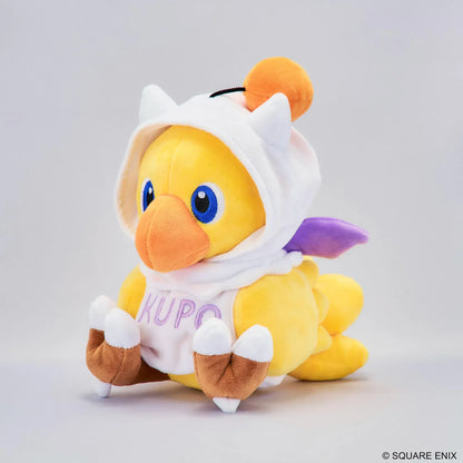Final Fantasy Chocobo Moogle Hoodie Ver. Plush with yellow Chocobo, white Moogle hoodie, KUPO lettering, pom-pom detail, and seated plush design