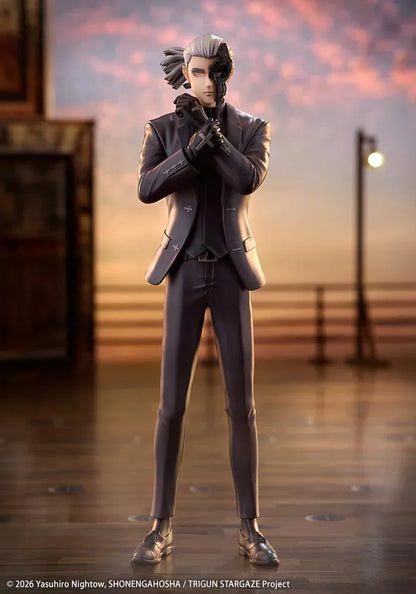 Trigun Stampede Oshi Works Livio the Double Fang Figure featuring Livio with silver hair, black suit, crossed-arm pose, stern expression, and display base.