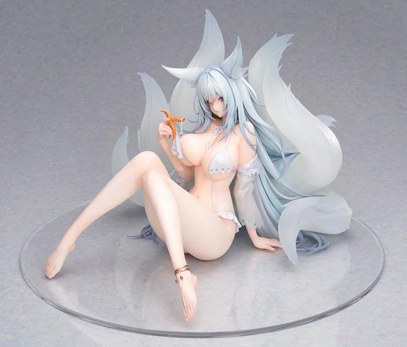 Azur Lane Shinano Dreamy White Sands Ver. 1/6 Scale Figure featuring Shinano seated with pale blue hair, fox ears, flowing tails, white outfit details, and beach-inspired styling.
