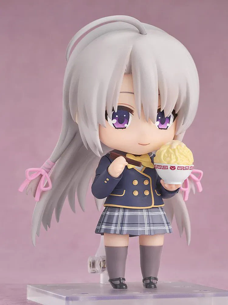 Sabbat of the Witch Nendoroid Nene Ayachi Figure featuring Nene in a chibi-style design with long silver hair, purple eyes, school uniform, yellow bow, and pink ribbon hair ties.