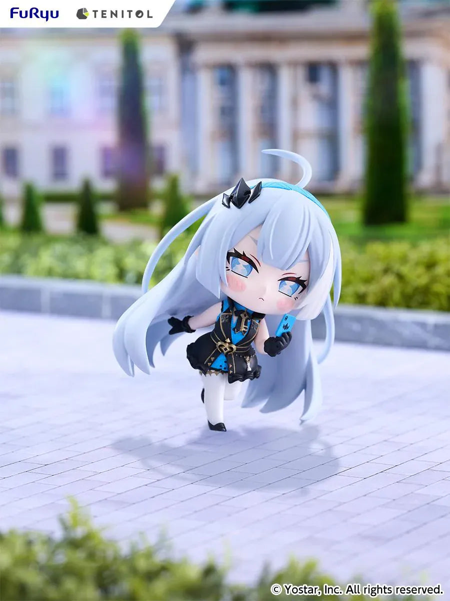 Stella Sora TENITOL Mini Tyrant Figure by FuRyu featuring a light-blue-haired anime girl with blue eyes wearing a black and blue outfit with gold accents, black gloves, and white stockings while holding a small blue device.