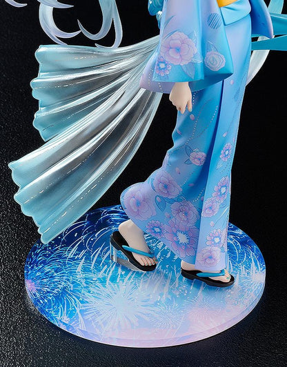 Vocaloid Hatsune Miku Music and Fire Works Ver 1/7 Scale Figure wearing a blue yukata with flowing turquoise twin tails and fireworks display base
