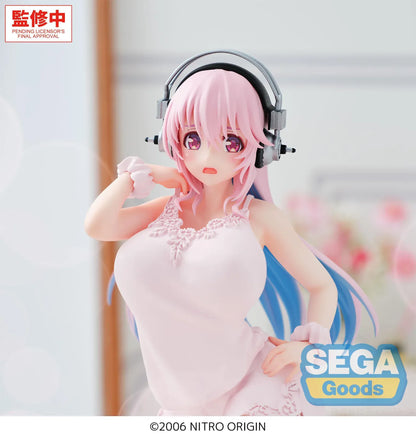 Nitroplus Yumemirize Super Sonico figure wearing pink pajamas and headphones in a kneeling pose