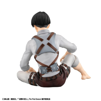 Attack on Titan G.E.M. Series Levi Tenohira Figure seated with short black hair, harness outfit, and serious expression