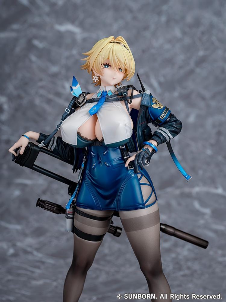 Girls' Frontline 2 Exilium Nikketa 1/6 Scale Figure with blonde hair, blue tactical outfit, weapon accessory styling, stockings, and display base