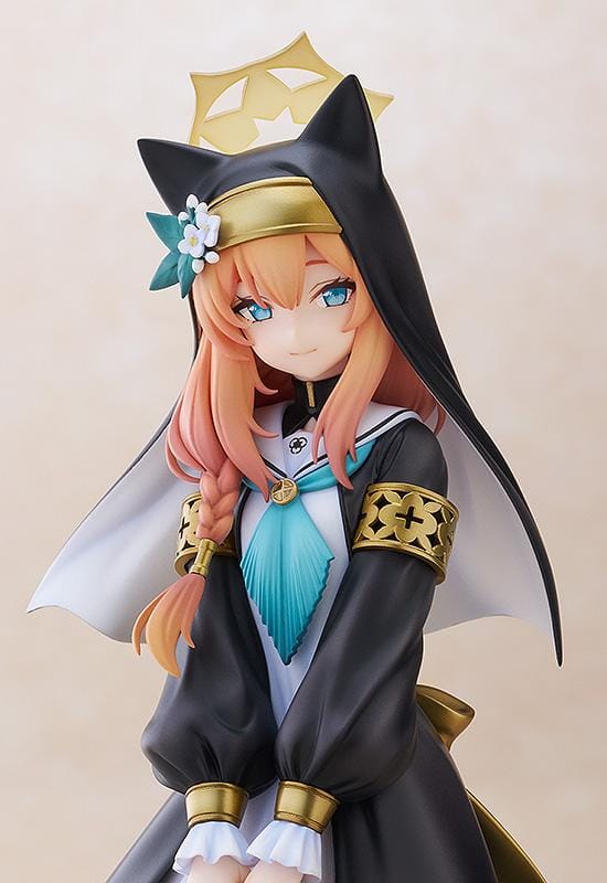 Blue Archive Mari 1/7 scale figure rerelease wearing a black-and-white nun-inspired dress with gold accents and peach-colored hair