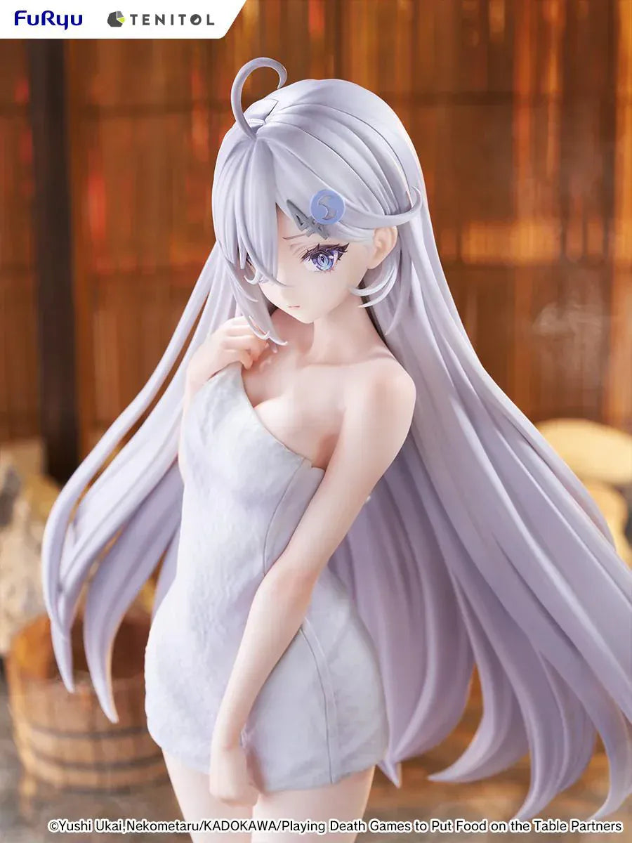 Playing Death Games to Put Food on the Table Tenitol Tall Yuki Golden Bath Ver figure with long silver hair and white towel design.