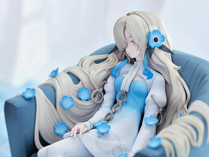 Isekaijoucho Universal Body Nemophila 1/7 scale figure sitting on blue chair with flowing silver hair and blue flower petals