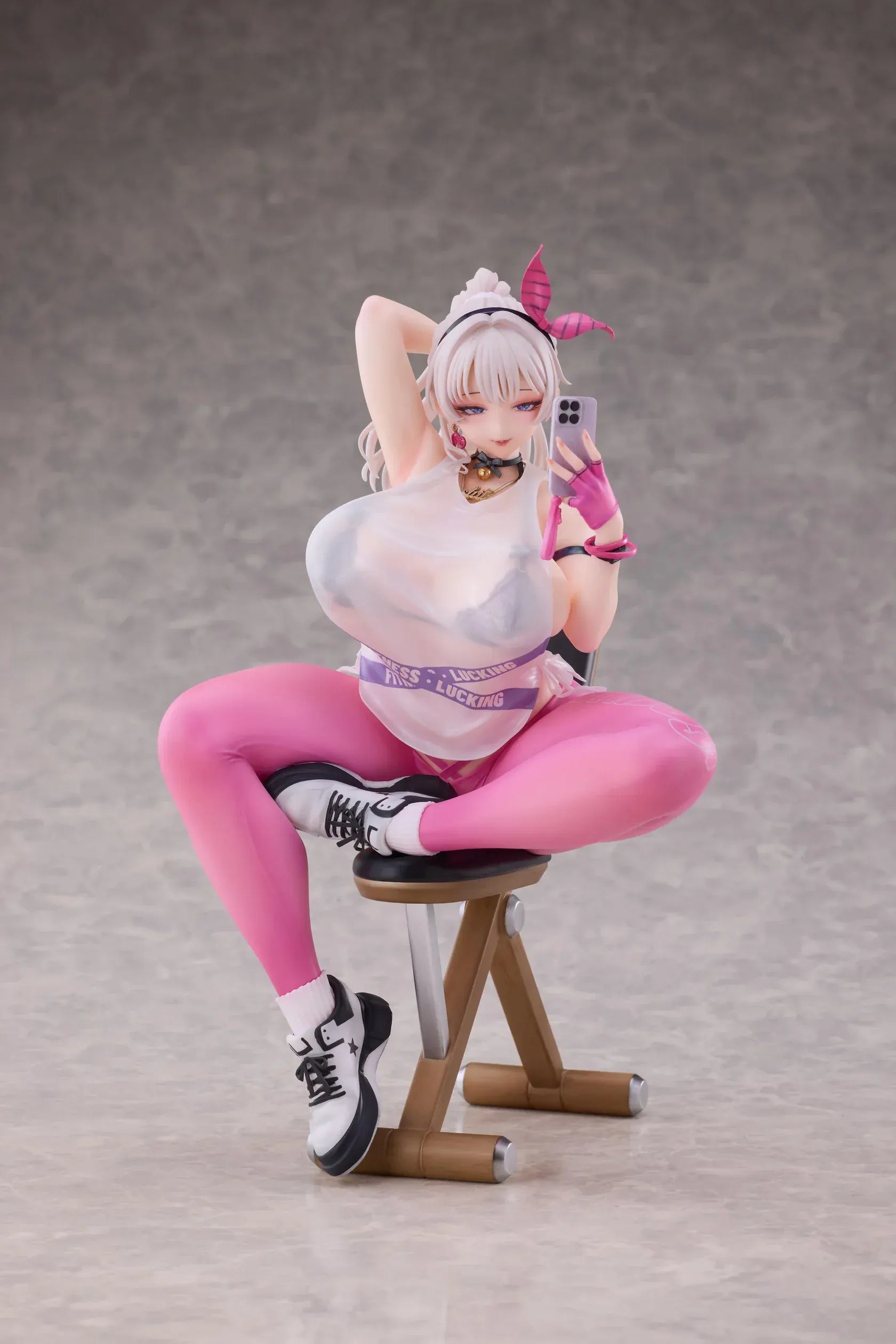 Kyou wa Mune Tore 1/6 scale figure by RST featuring sporty pink outfit, selfie pose, foldable chair, and deluxe bonus items