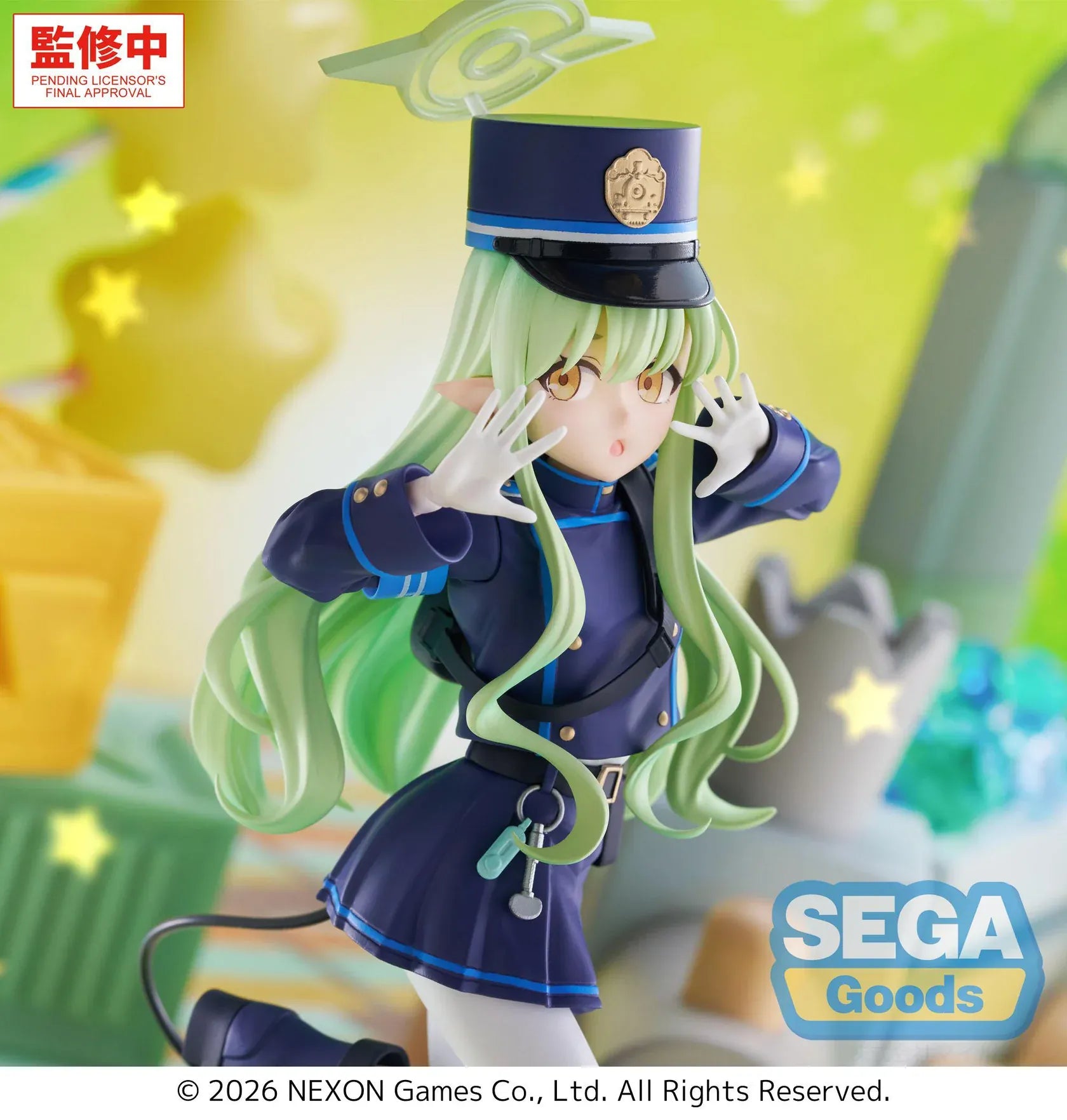 Blue Archive XStellar Hikari Figure with green hair, uniform-inspired outfit, matching hat, and green crystal-style display base