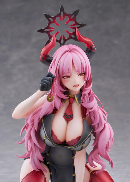 Blue Archive Satsuki Memorial Lobby 1/7 scale figure kneeling in a black-and-red outfit with flowing pink hair, horns, and a dark halo.