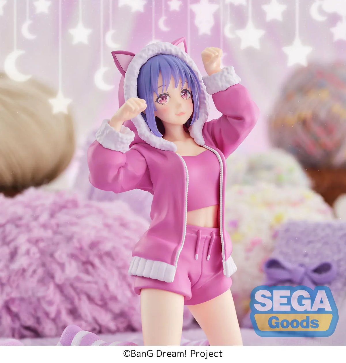 BanG Dream! Nyamu Yutenji Pajama Party figure kneeling in pink pajamas with a cat-ear hood, purple hair, striped socks, and both hands raised.