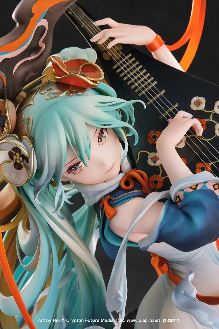 Hatsune Miku Shimian Maifu Ver. 1/7 scale figure featuring flowing turquoise hair, stringed instrument, orange ribbons, flame effects, and detailed fantasy outfit