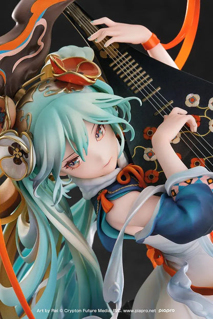 Hatsune Miku Shimian Maifu Ver. 1/7 scale figure featuring flowing turquoise hair, stringed instrument, orange ribbons, flame effects, and detailed fantasy outfit