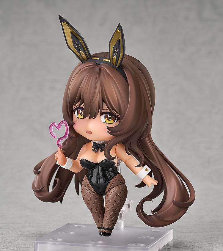 GODDESS OF VICTORY NIKKE Nendoroid Noir Figure featuring Noir in a black bunny outfit with long brown hair, fishnet stockings, and a weapon accessory.