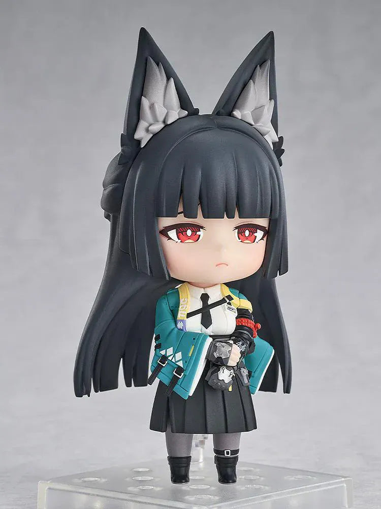 Nendoroid Miyabi Hoshimi with fox ears, black hair, katana, and blue spirit effect part.