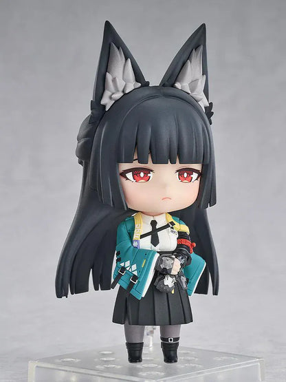 Nendoroid Miyabi Hoshimi with fox ears, black hair, katana, and blue spirit effect part.