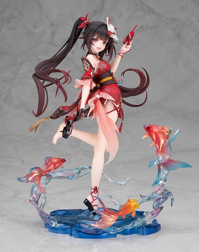 Honkai Star Rail Sparkle 1/7 scale figure in red and black outfit surrounded by translucent water effects and colorful goldfish