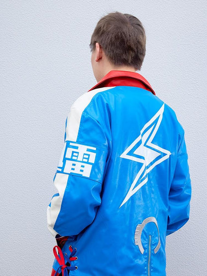 Umamusume Pretty Derby Tamamo Cross blue and red faux leather biker jacket with lightning bolt design and kanji symbols