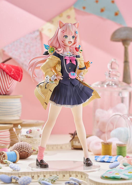 Nijisanji Yang Nari 1/7 scale figure with pink hair, cat ears, school uniform, and yellow coat standing in energetic pose