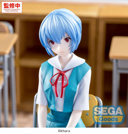 XStellar Rei Ayanami Uniform Ver. figure seated on a school chair with hands folded, wearing a blue and white uniform on a parquet-style floor base.