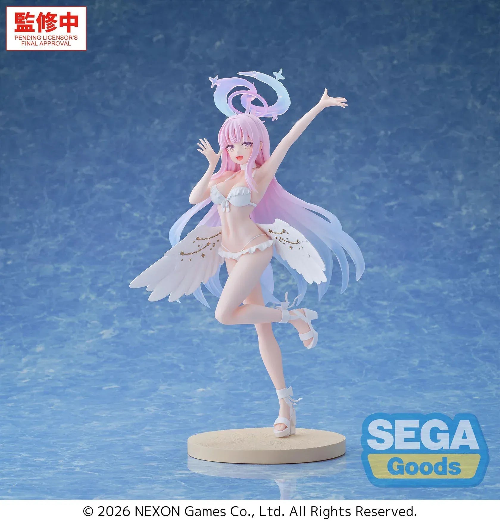 Mika swimsuit figure from Blue Archive with wings halo and pink hair standing on base