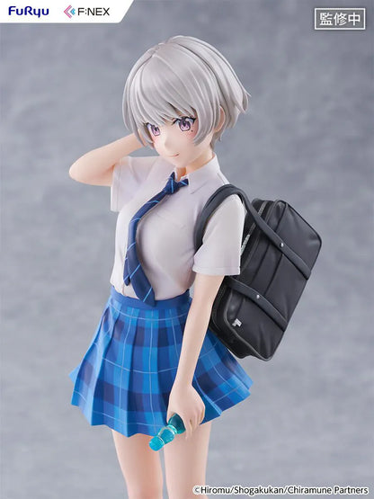 Chitose Is in the Ramune Bottle Asuka Nishino 1/7 Scale Figure with short silver hair, blue plaid skirt, school uniform outfit, backpack, drink bottle accessory, and display base