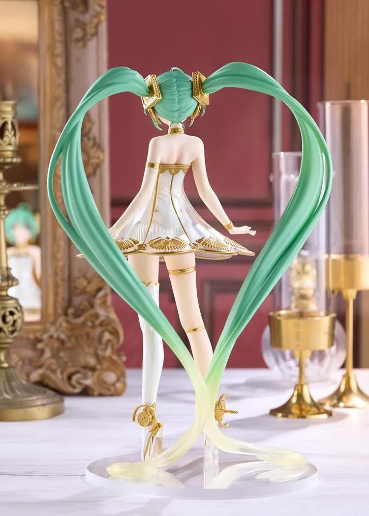 Hatsune Miku POP UP PARADE Symphony 2020 Ver. L Size Figure featuring long turquoise twin-tails, green eyes, an elegant white dress with gold detailing, decorative stockings, and matching gold accessories.
