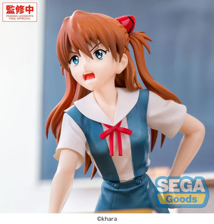 XStellar Asuka Shikinami Langley Uniform Ver. figure leaning on a school desk, wearing a blue and white uniform, on a parquet-style floor base.
