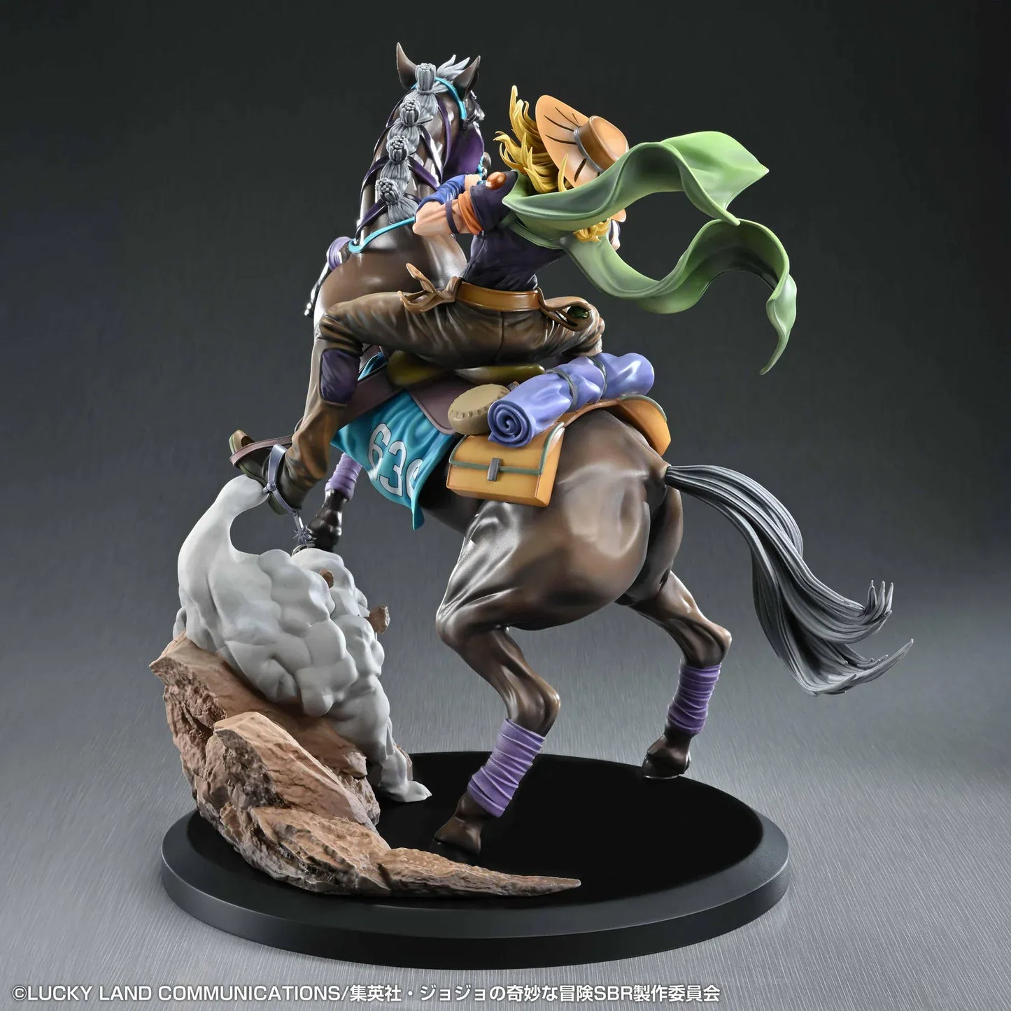 STEEL BALL RUN JoJo's Bizarre Adventure Gyro Zeppeli and Valkyrie figure featuring Gyro riding Valkyrie in a dynamic action pose with rocky effect base