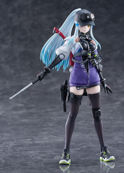 Girls' Frontline 2 Exilium figma Klukai Figure featuring Klukai with light blue hair, tactical outfit, purple jacket, weapon accessory, and futuristic gear details.