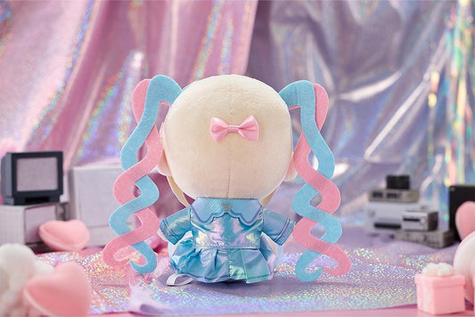 NEEDY GIRL OVERDOSE OMGkawaiiAngel Punipuni plushie with pink and blue spiral twin-tails, embroidered blue eyes, and a shimmering blue outfit.
