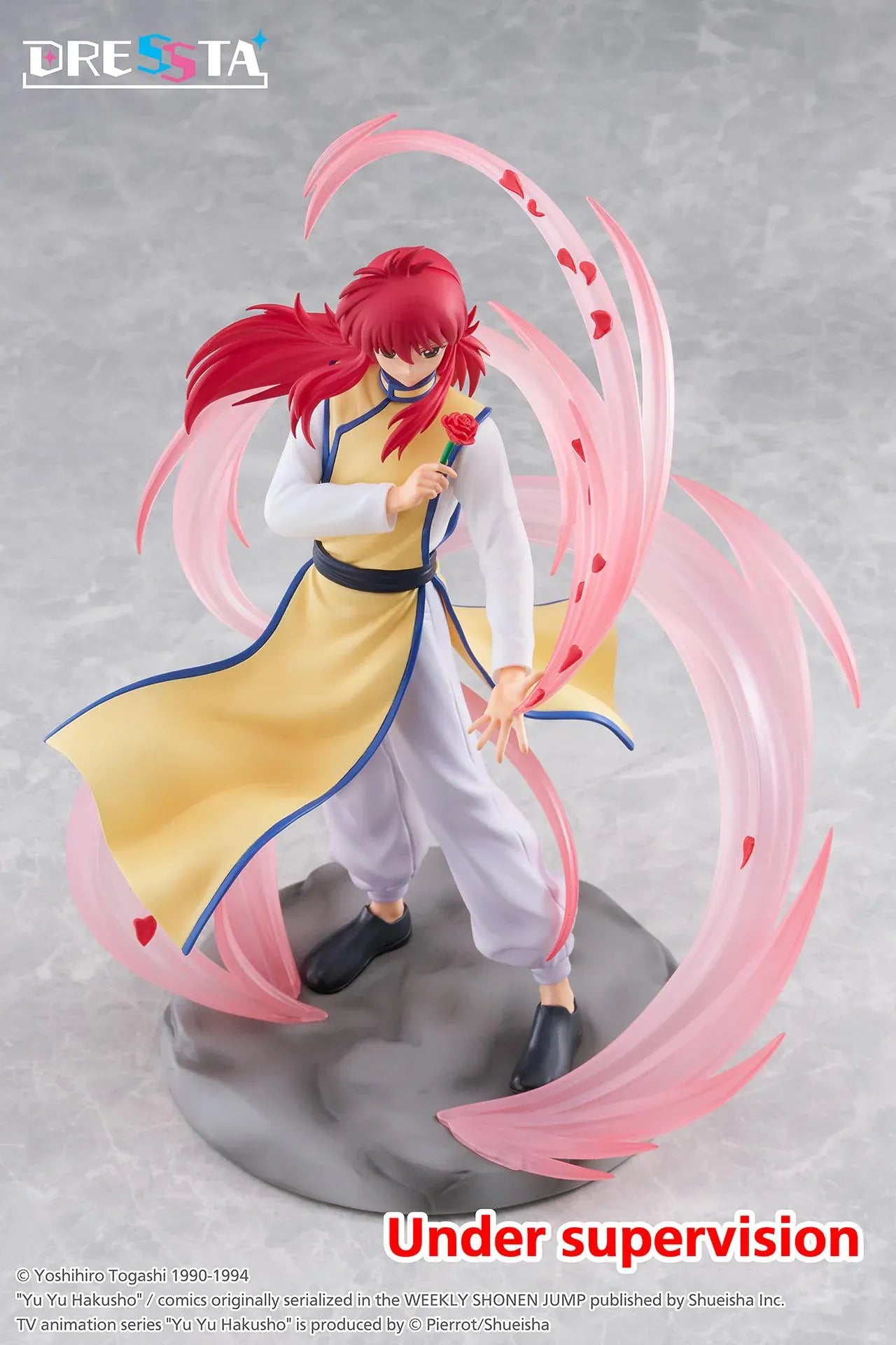 Yu Yu Hakusho Dressta Kurama Figure with red hair, yellow outfit, rose accessory, pink energy effects, and display base