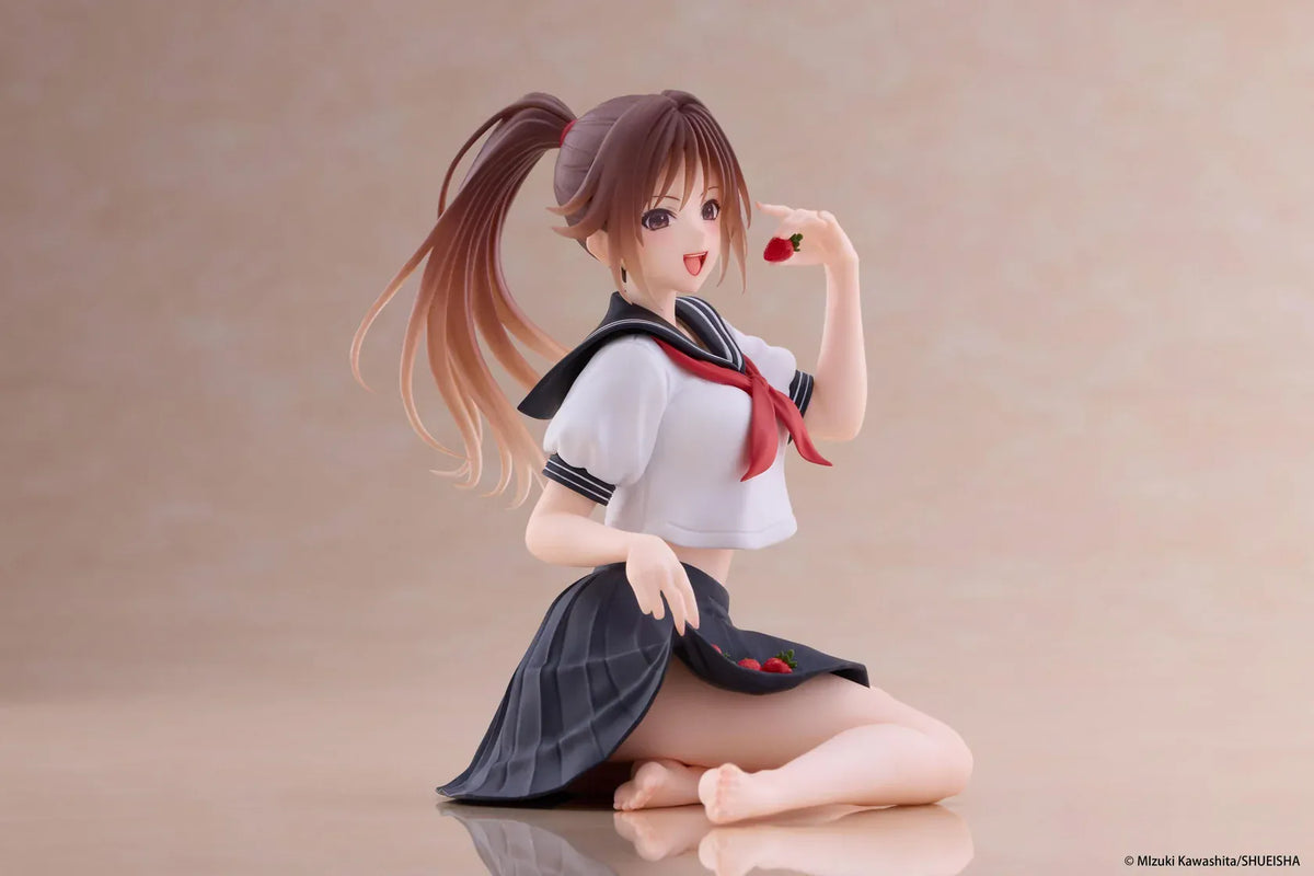 Desktop Cute Satsuki Kitaoji School Uniform Ver. figure seated with a brown ponytail, white and navy sailor uniform, and a strawberry held beside her smiling face.